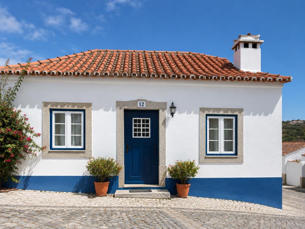 Fachada de casa portuguesa pintada de branco com barra azul