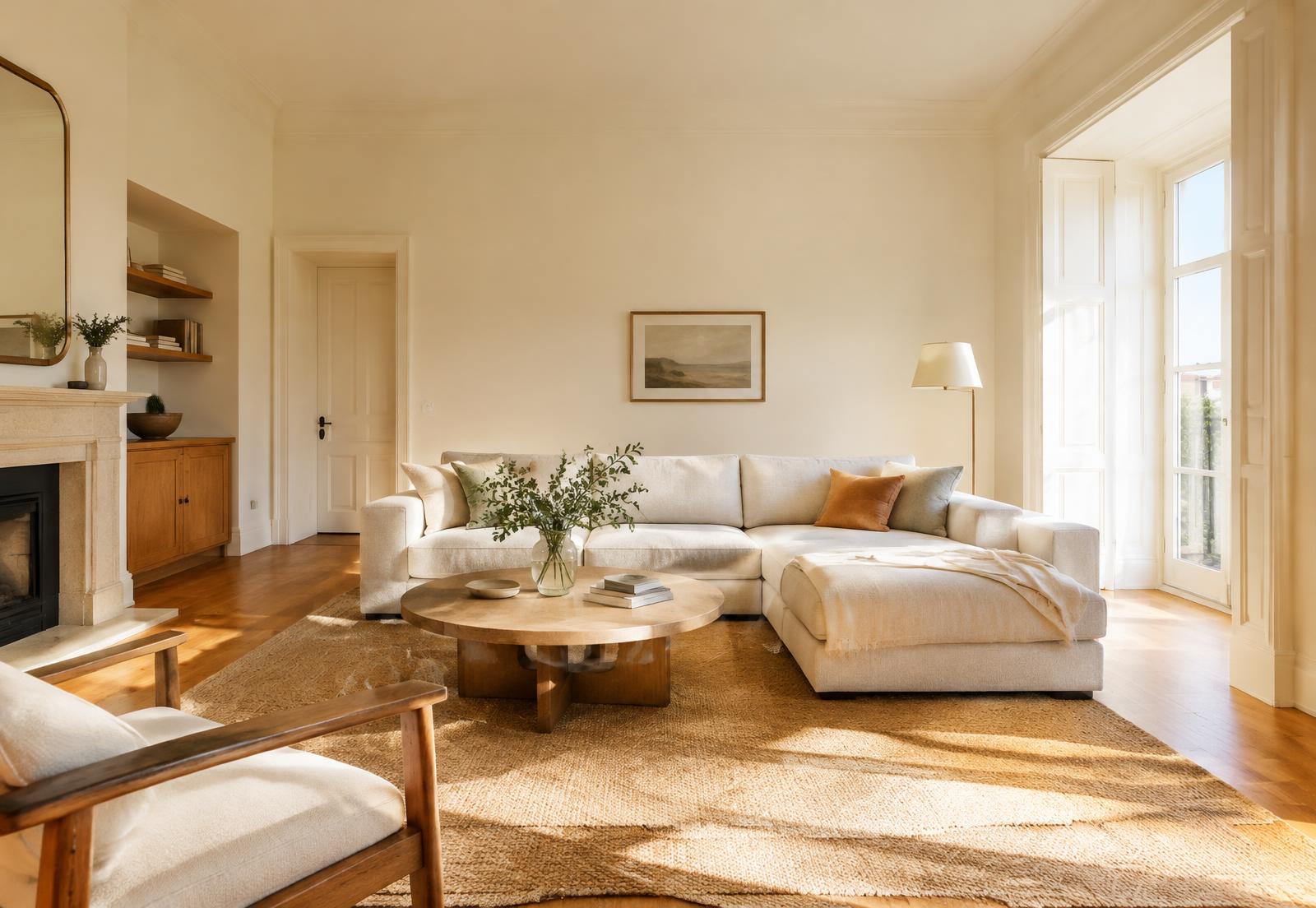 Sala de estar luminosa acabada de pintar em tons de branco quente